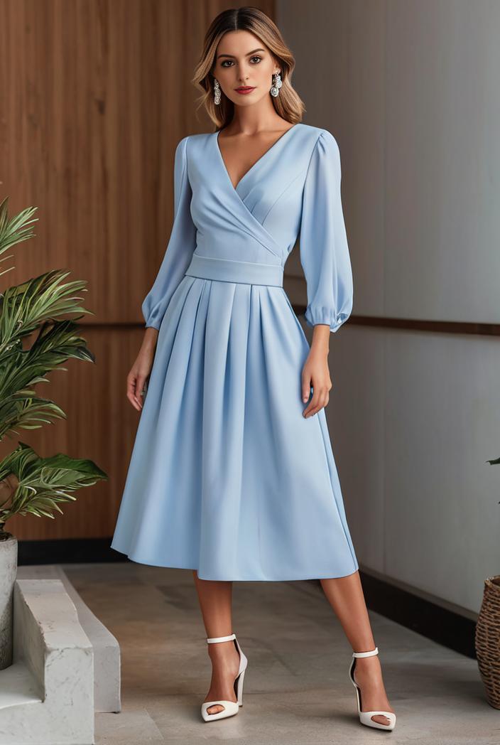 chiffon v neck long sleeves elastic band midi wedding guest dress 119070