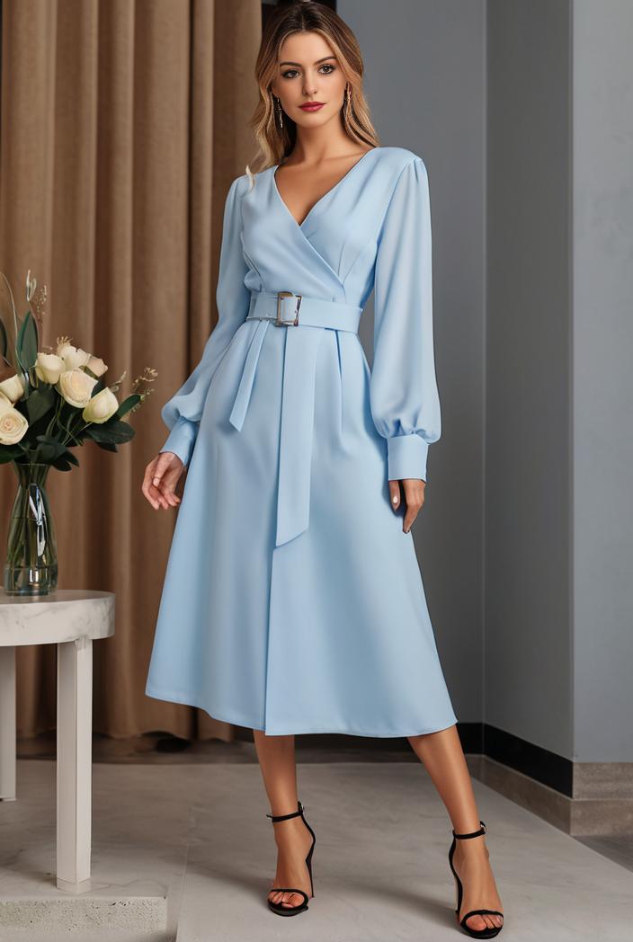 chiffon v neck long sleeves elastic band midi wedding guest dress 119071