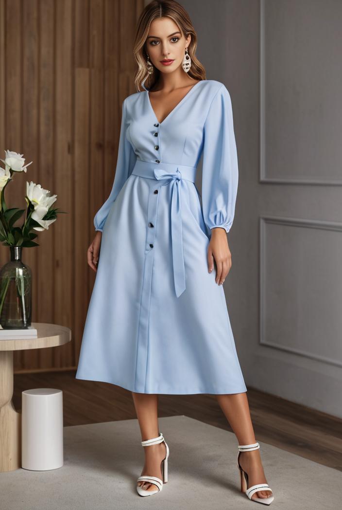 chiffon v neck long sleeves elastic band midi wedding guest dress 119072