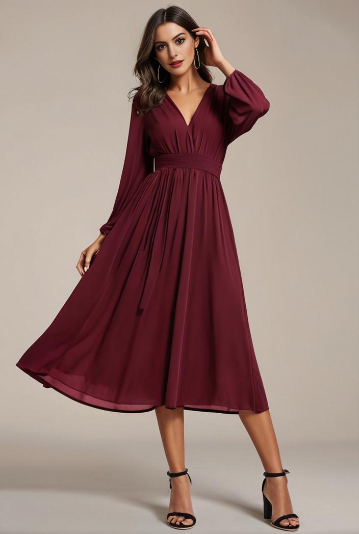 chiffon v neck long sleeves elastic band midi wedding guest dress 119073