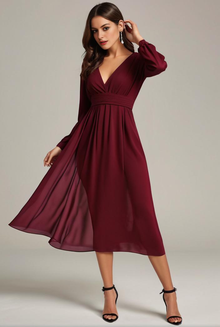 chiffon v neck long sleeves elastic band midi wedding guest dress 119074