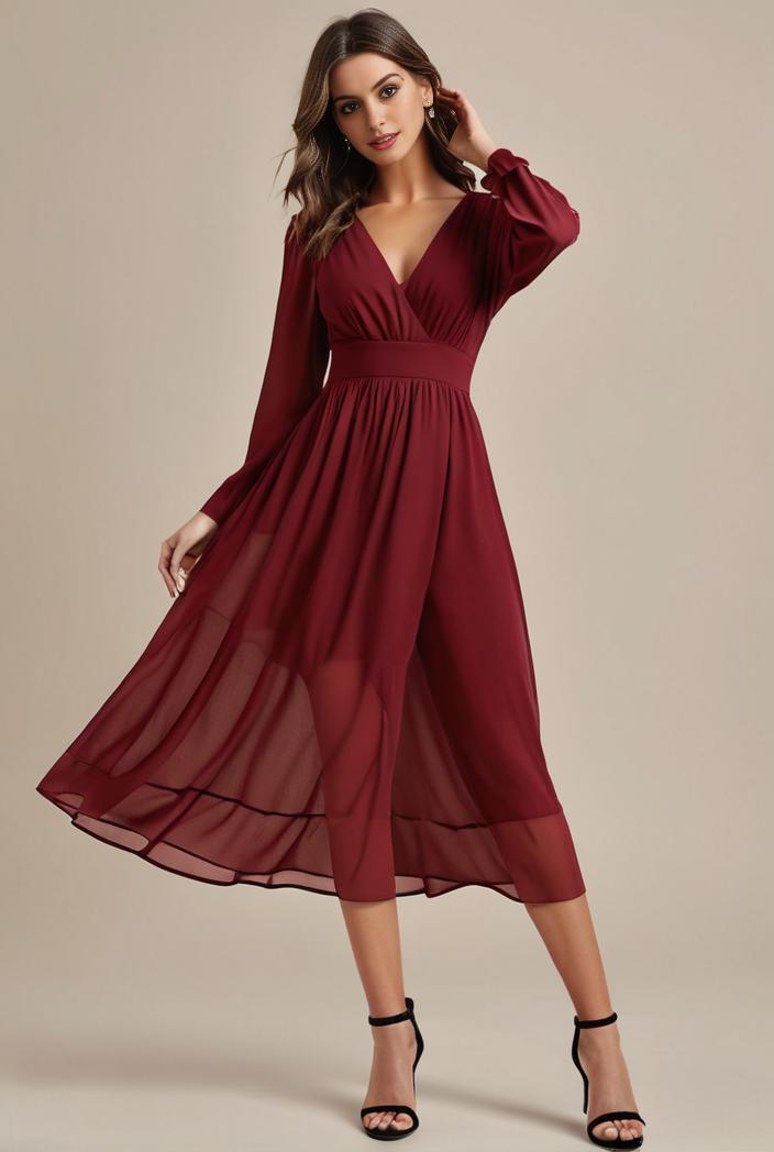 chiffon v neck long sleeves elastic band midi wedding guest dress 119075
