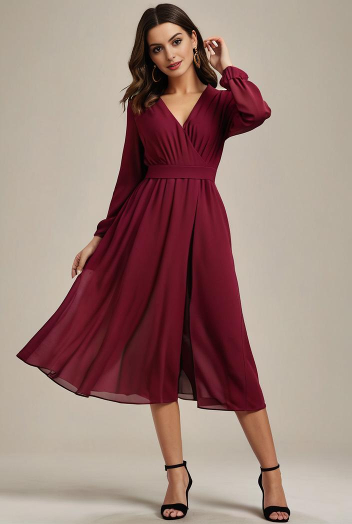 chiffon v neck long sleeves elastic band midi wedding guest dress 119077