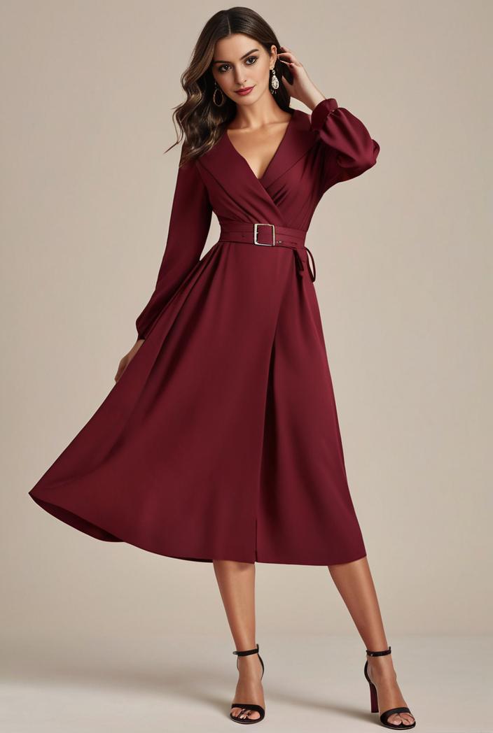 chiffon v neck long sleeves elastic band midi wedding guest dress 119078
