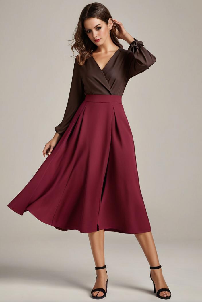 chiffon v neck long sleeves elastic band midi wedding guest dress 119079