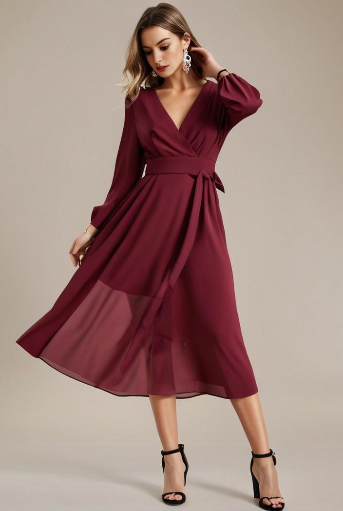 chiffon v neck long sleeves elastic band midi wedding guest dress 119080