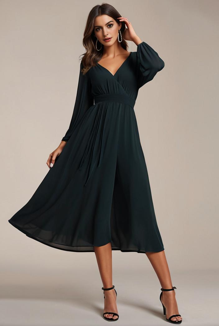 chiffon v neck long sleeves elastic band midi wedding guest dress 119081