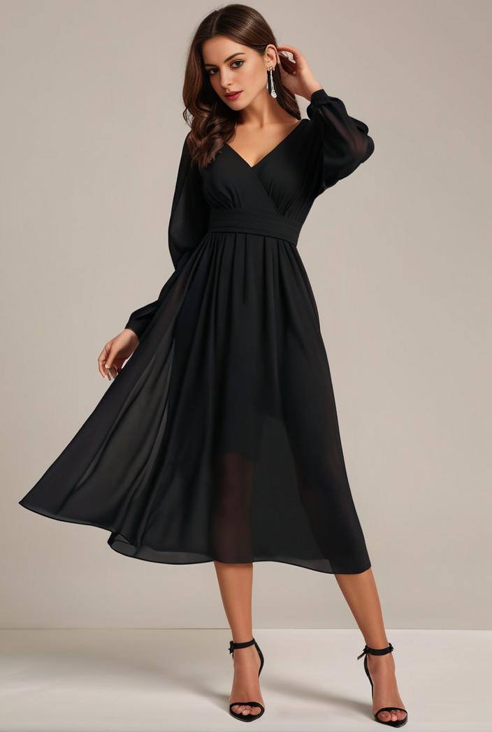 chiffon v neck long sleeves elastic band midi wedding guest dress 119082