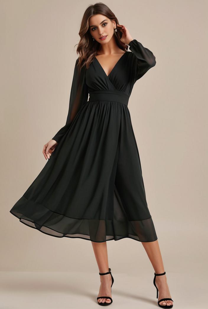 chiffon v neck long sleeves elastic band midi wedding guest dress 119083