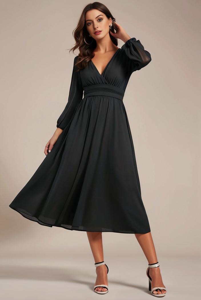 chiffon v neck long sleeves elastic band midi wedding guest dress 119084