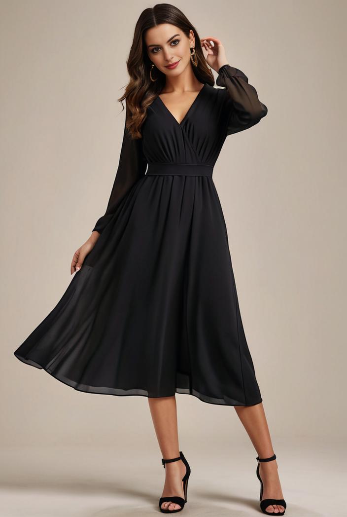 chiffon v neck long sleeves elastic band midi wedding guest dress 119085