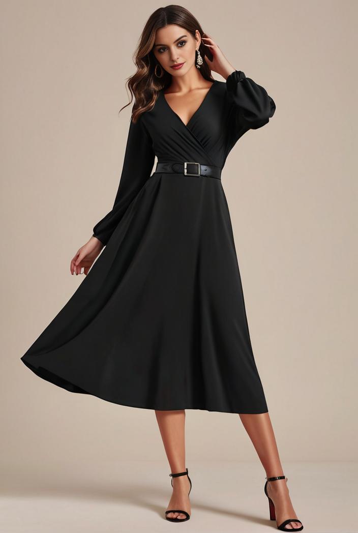 chiffon v neck long sleeves elastic band midi wedding guest dress 119086
