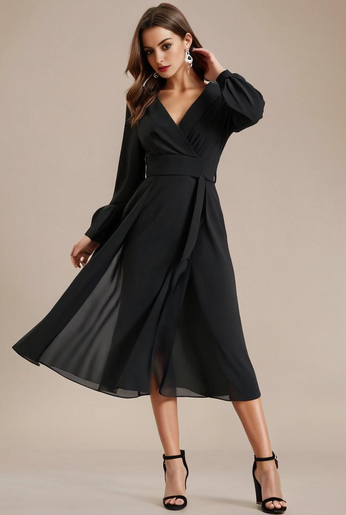 chiffon v neck long sleeves elastic band midi wedding guest dress 119088