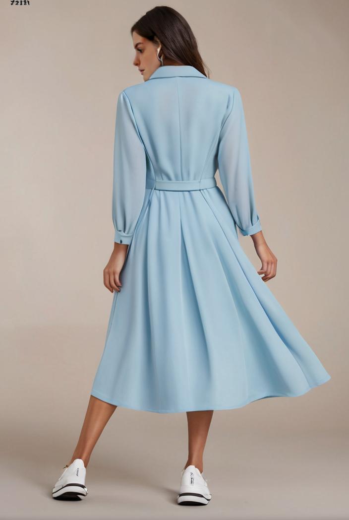 chiffon v neck long sleeves elastic band midi wedding guest dress 119091