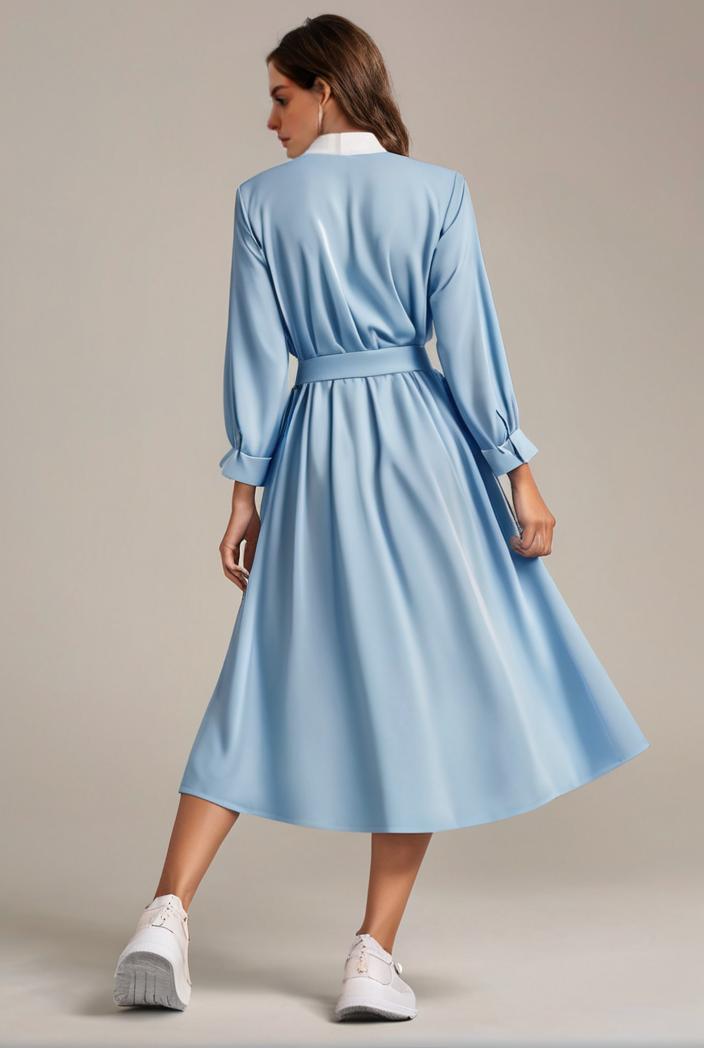 chiffon v neck long sleeves elastic band midi wedding guest dress 119089