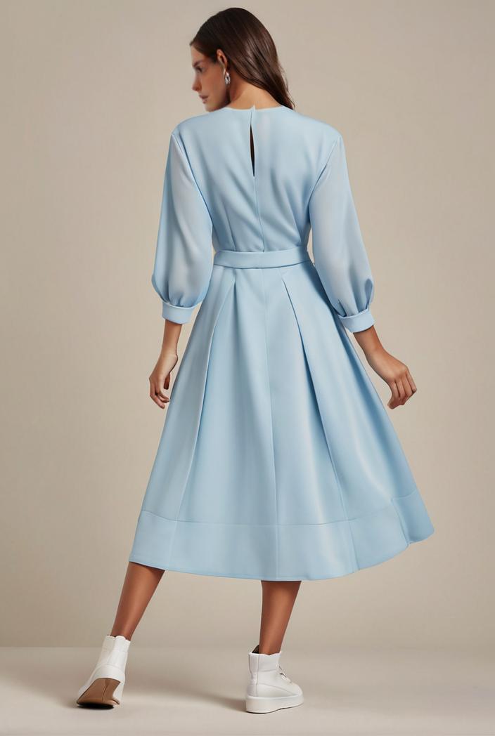 chiffon v neck long sleeves elastic band midi wedding guest dress 119090