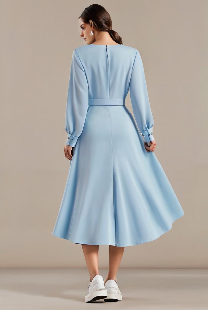 chiffon v neck long sleeves elastic band midi wedding guest dress 119094