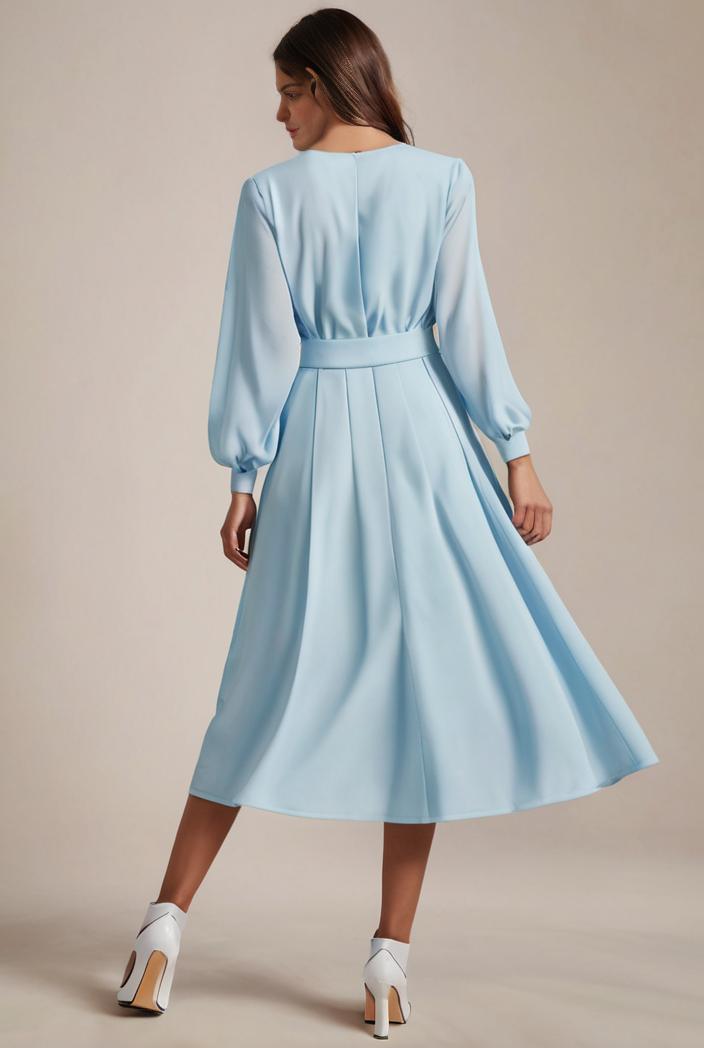 chiffon v neck long sleeves elastic band midi wedding guest dress 119095
