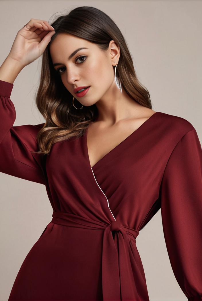 chiffon v neck long sleeves elastic band midi wedding guest dress 119097