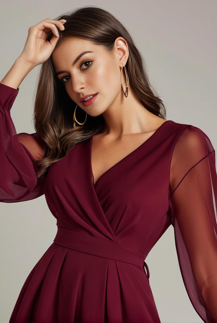 chiffon v neck long sleeves elastic band midi wedding guest dress 119098