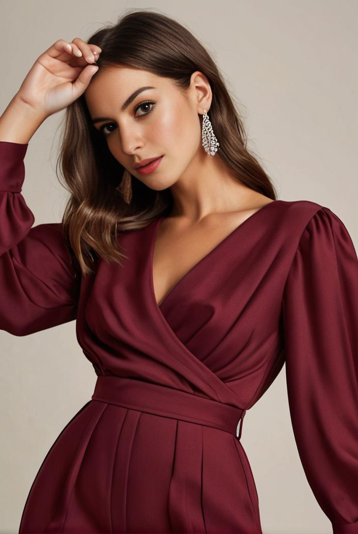 chiffon v neck long sleeves elastic band midi wedding guest dress 119099