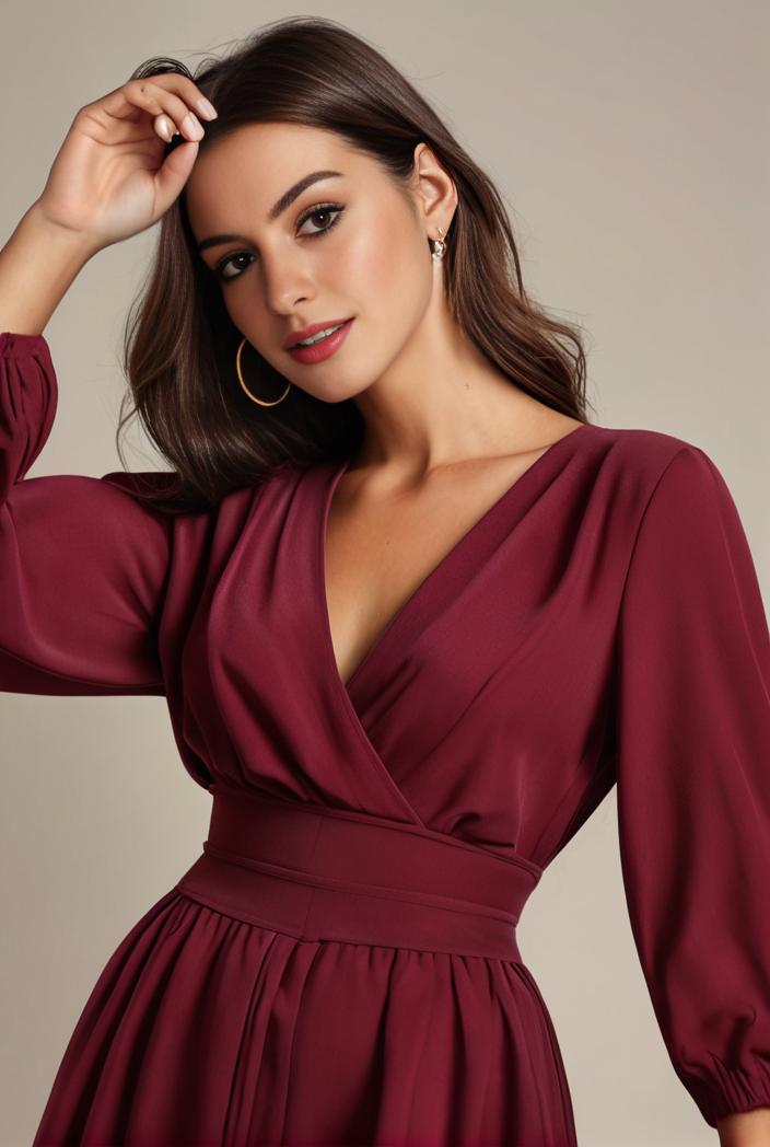 chiffon v neck long sleeves elastic band midi wedding guest dress 119100