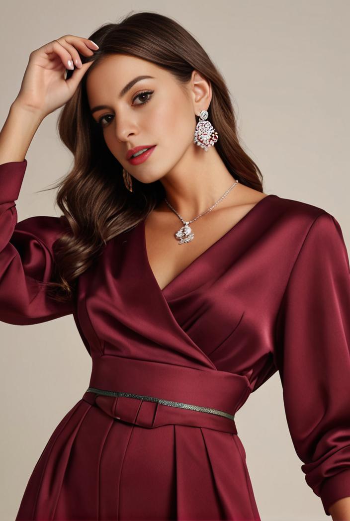 chiffon v neck long sleeves elastic band midi wedding guest dress 119102