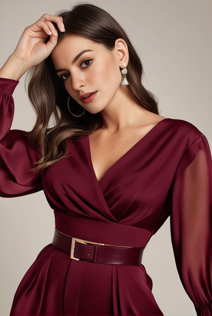 chiffon v neck long sleeves elastic band midi wedding guest dress 119103