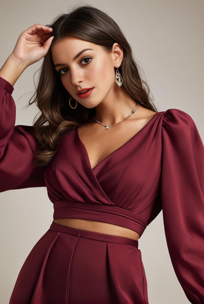 chiffon v neck long sleeves elastic band midi wedding guest dress 119104