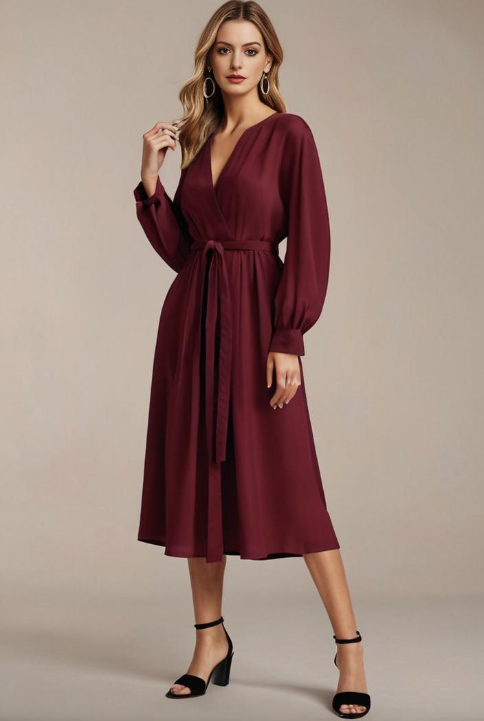 chiffon v neck long sleeves elastic band midi wedding guest dress 119105
