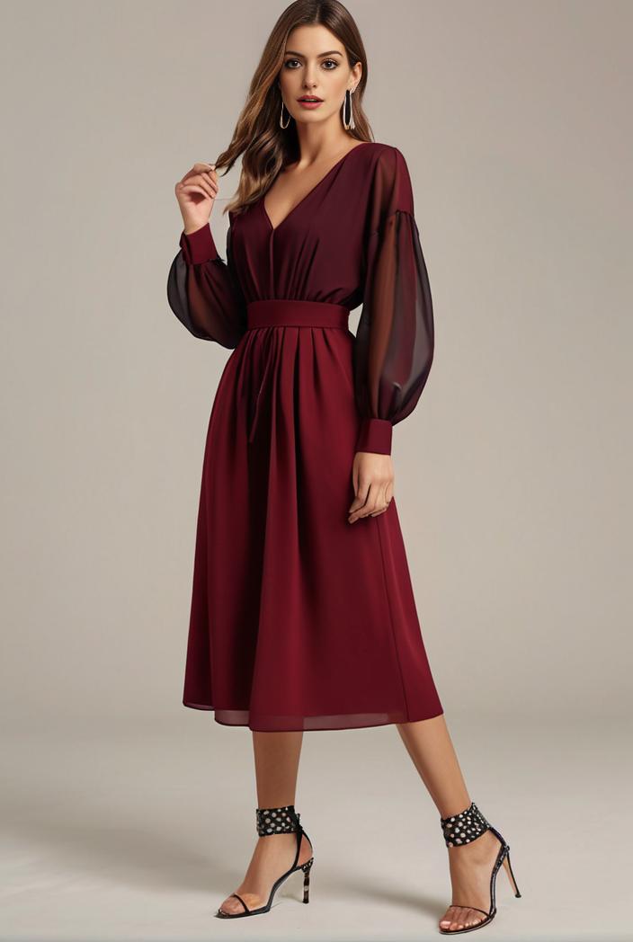chiffon v neck long sleeves elastic band midi wedding guest dress 119106