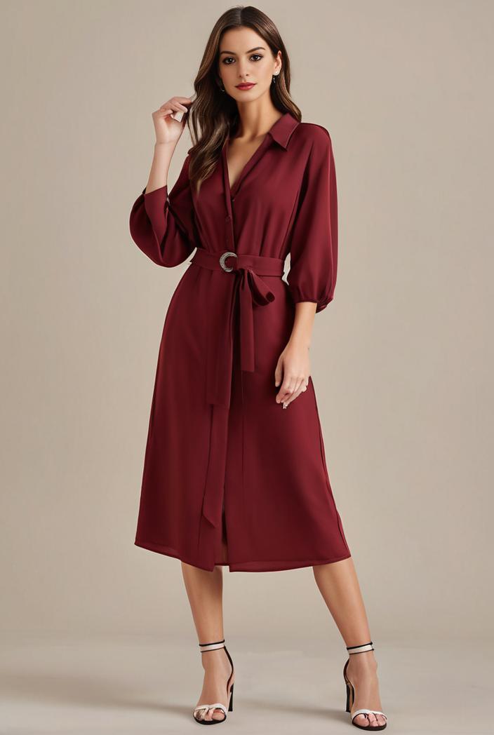 chiffon v neck long sleeves elastic band midi wedding guest dress 119107