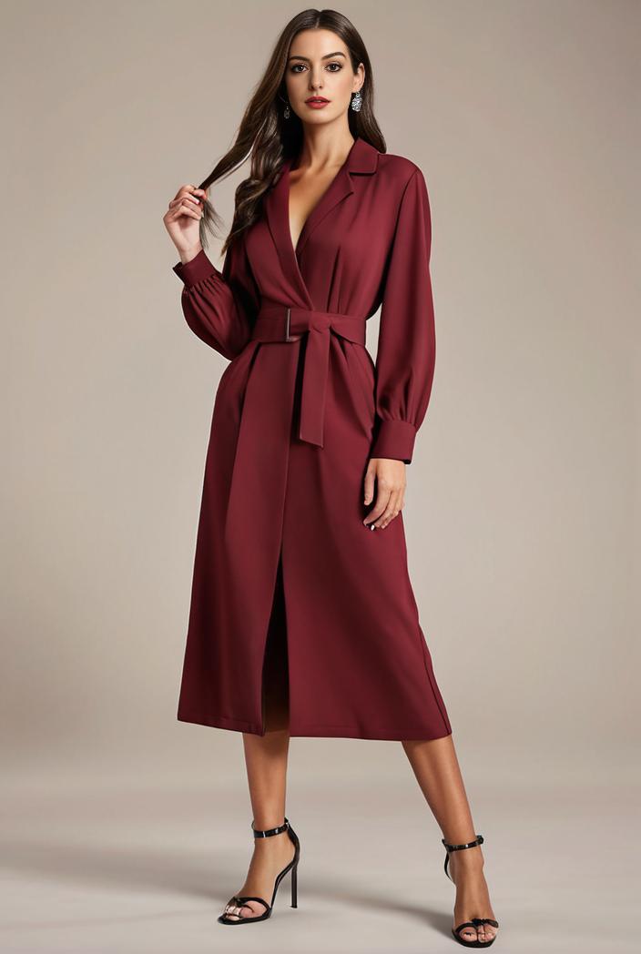 chiffon v neck long sleeves elastic band midi wedding guest dress 119108