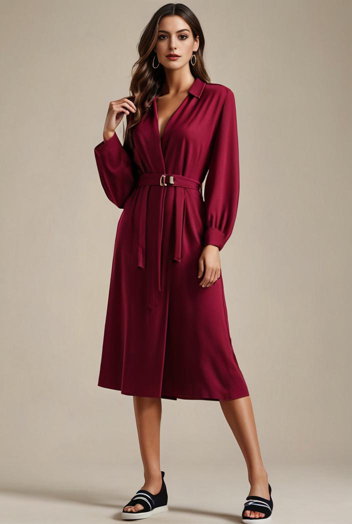 chiffon v neck long sleeves elastic band midi wedding guest dress 119109