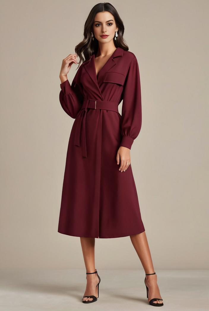 chiffon v neck long sleeves elastic band midi wedding guest dress 119110
