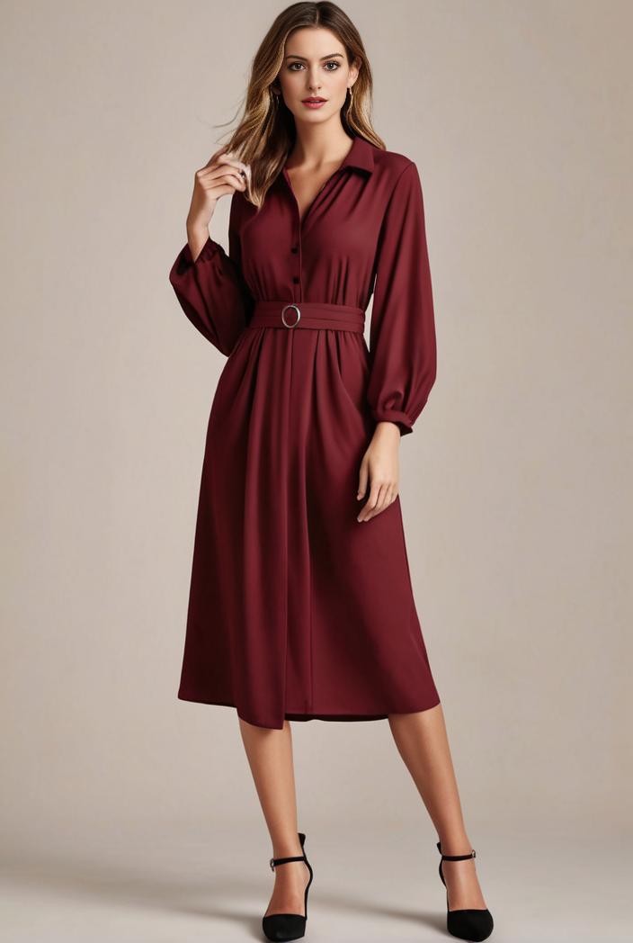 chiffon v neck long sleeves elastic band midi wedding guest dress 119111