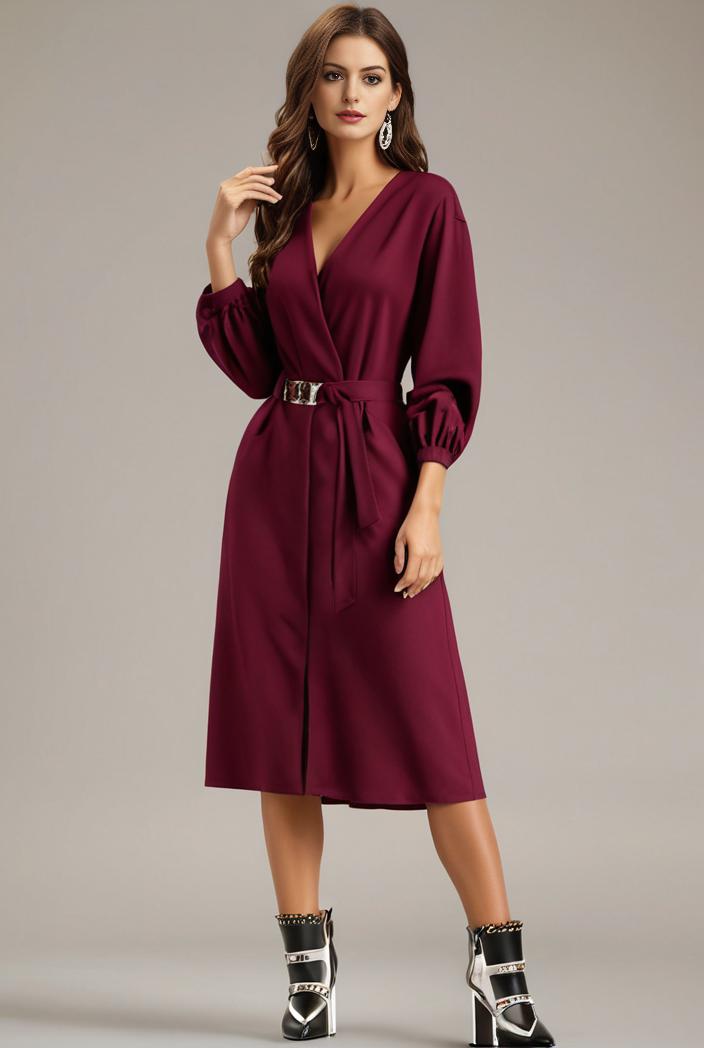 chiffon v neck long sleeves elastic band midi wedding guest dress 119112