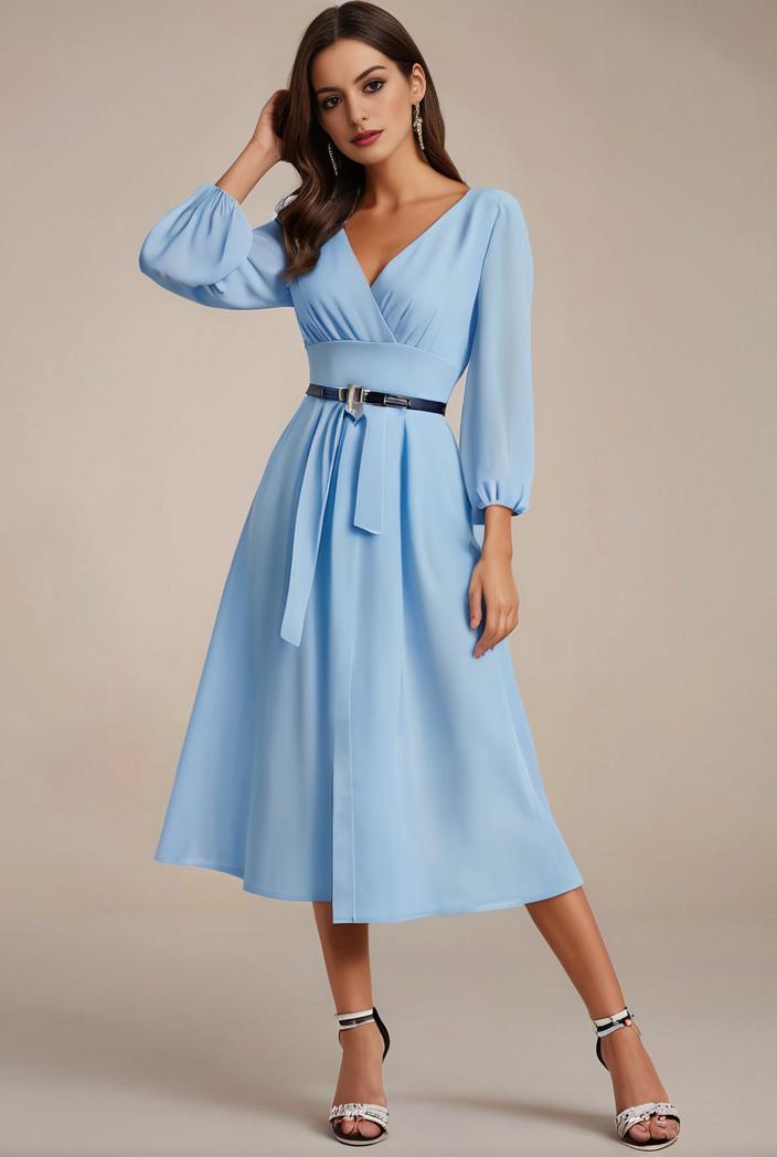 chiffon v neck long sleeves elastic band midi wedding guest dress 119113