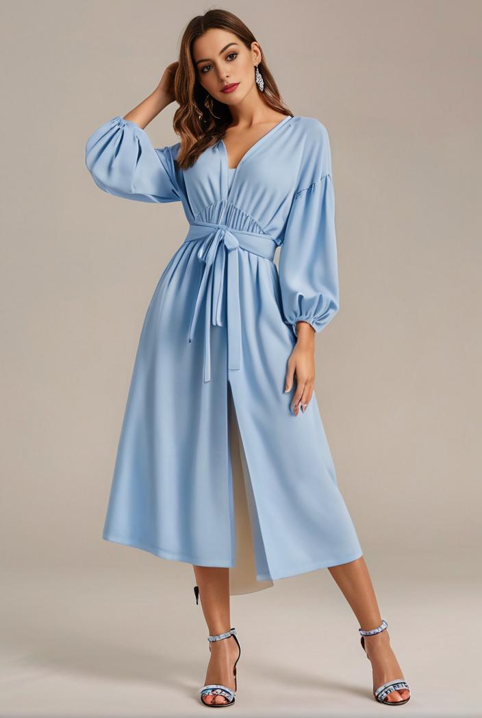 chiffon v neck long sleeves elastic band midi wedding guest dress 119114