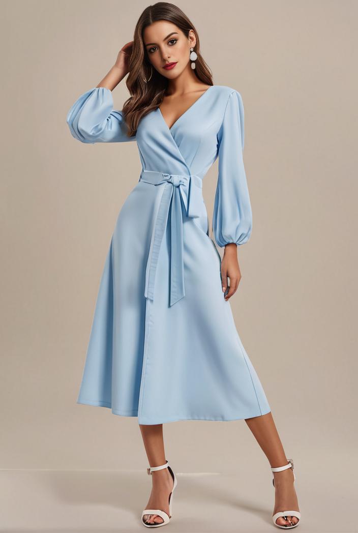 chiffon v neck long sleeves elastic band midi wedding guest dress 119115