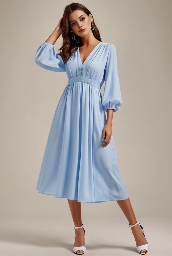 chiffon v neck long sleeves elastic band midi wedding guest dress 119117