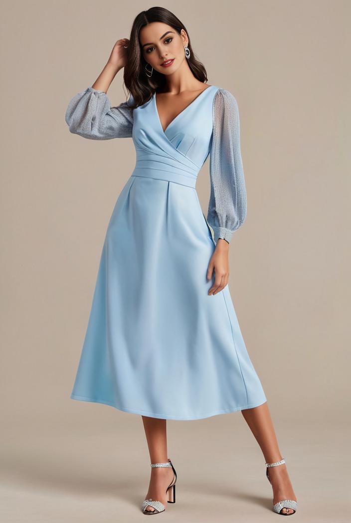 chiffon v neck long sleeves elastic band midi wedding guest dress 119118