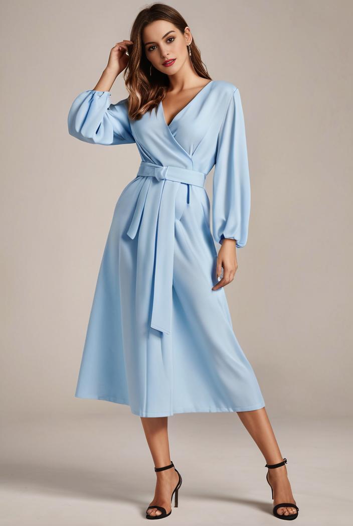 chiffon v neck long sleeves elastic band midi wedding guest dress 119119