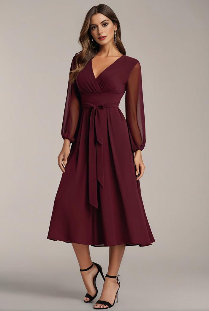 chiffon v neck long sleeves elastic band midi wedding guest dress 119121