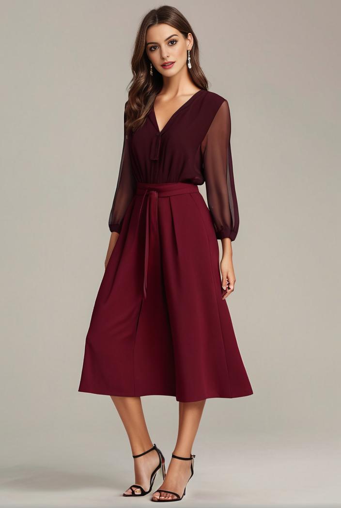 chiffon v neck long sleeves elastic band midi wedding guest dress 119122