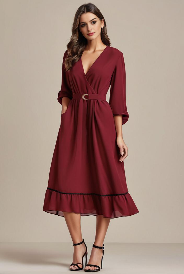 chiffon v neck long sleeves elastic band midi wedding guest dress 119123