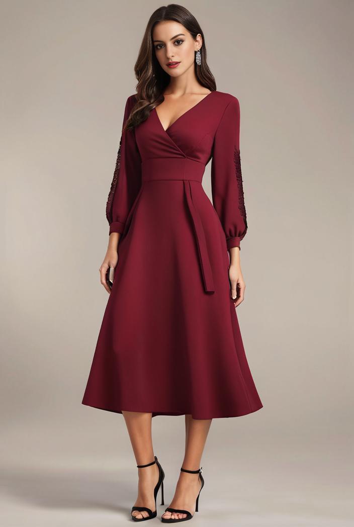 chiffon v neck long sleeves elastic band midi wedding guest dress 119124