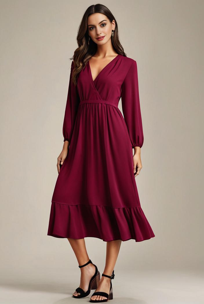 chiffon v neck long sleeves elastic band midi wedding guest dress 119125