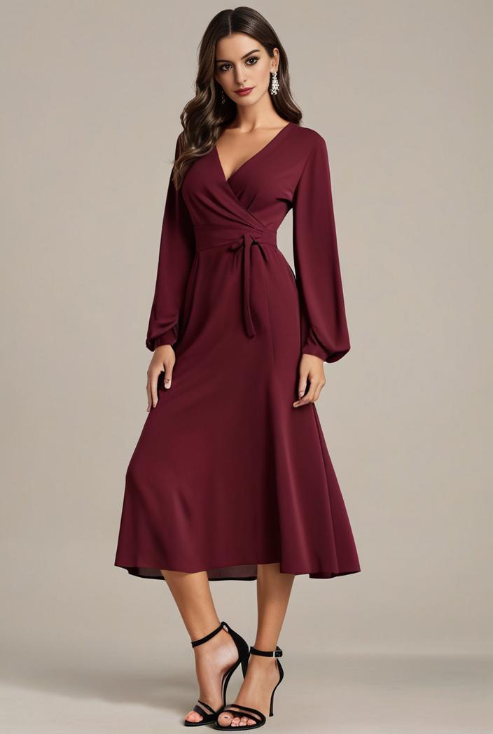 chiffon v neck long sleeves elastic band midi wedding guest dress 119126