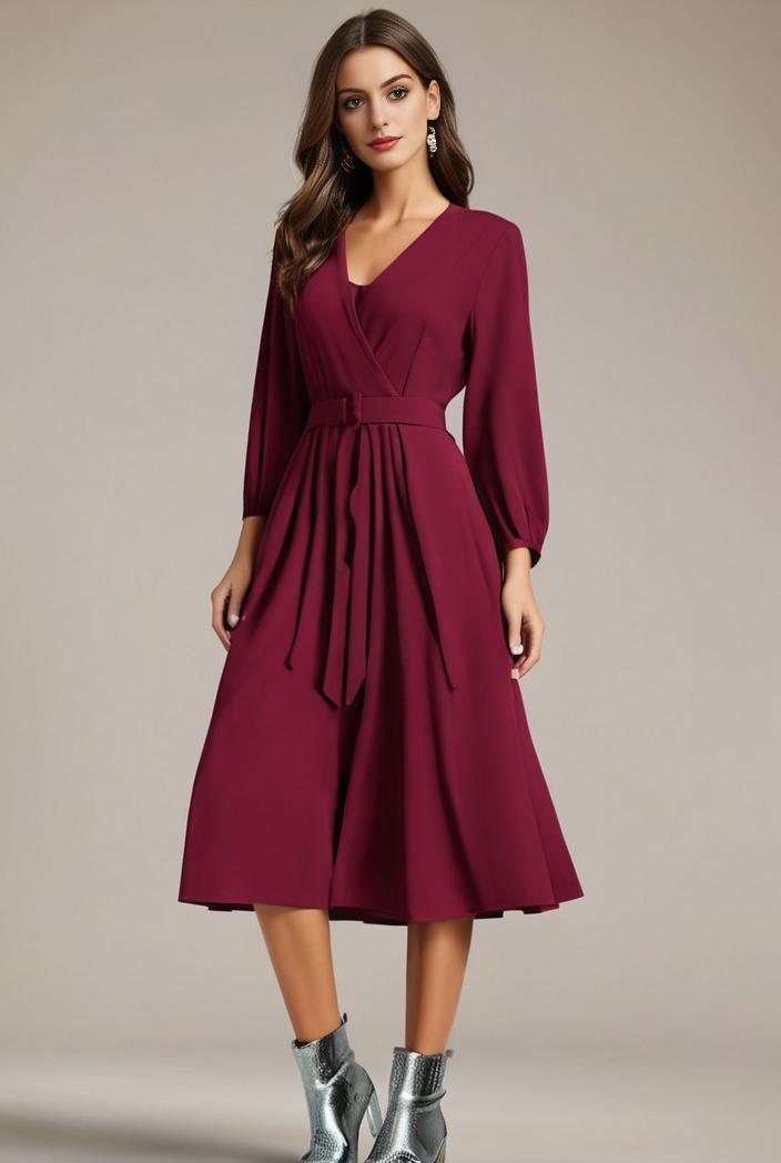 chiffon v neck long sleeves elastic band midi wedding guest dress 119128